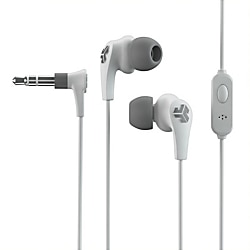 White wired in-ear headphones with gray silicone tips, featuring a 3.5mm audio jack and an in-line microphone for calls and music control.