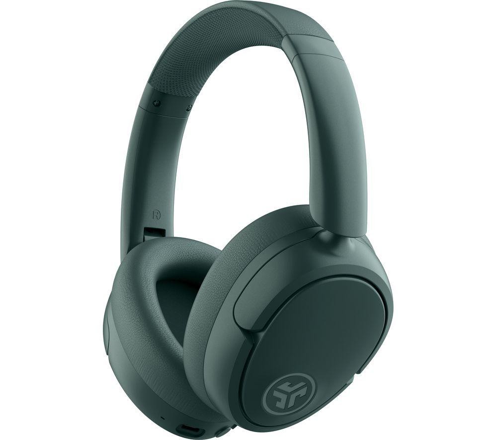 Sage green over-ear wireless headphones with cushioned ear cups, adjustable headband, and JLab logo on the ear cup, featuring active noise cancellation.