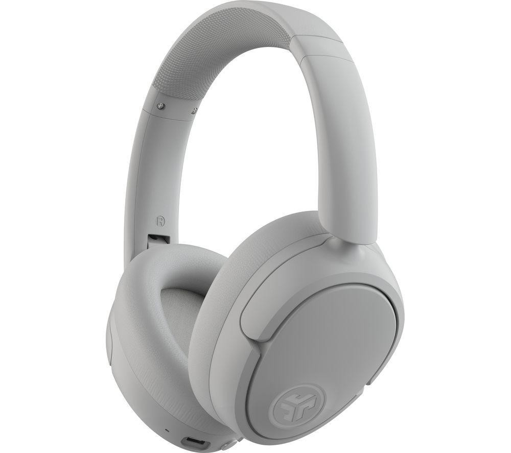Light gray over-ear headphones with cushioned ear cups, adjustable headband, and a sleek design, featuring JLAB branding on the ear cups and ANC technology for noise cancellation.