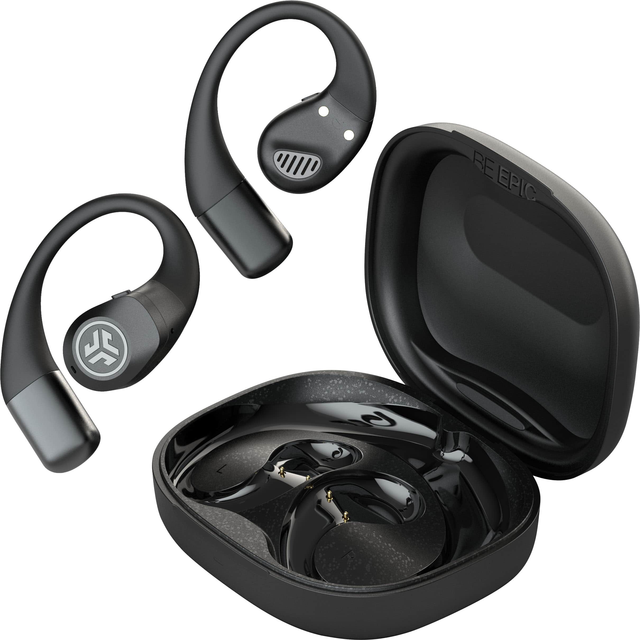 Black JLab Epic Open Sport Air Conduction True Wireless Earbuds with ergonomic hooks, charging case, and sleek design, featuring a logo on the earbud and ventilation holes.