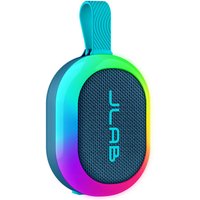 Navy JLab Pop Party speaker with rainbow LED trim and blue mesh front, featuring a loop handle.
