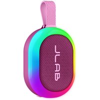 Pink JLab Pop Party speaker with rainbow LED lights and a textured front, featuring a loop handle.