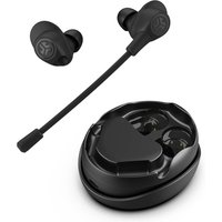 Black JLab Work Buds TWS in-ear headphones with detachable microphone and round charging case.