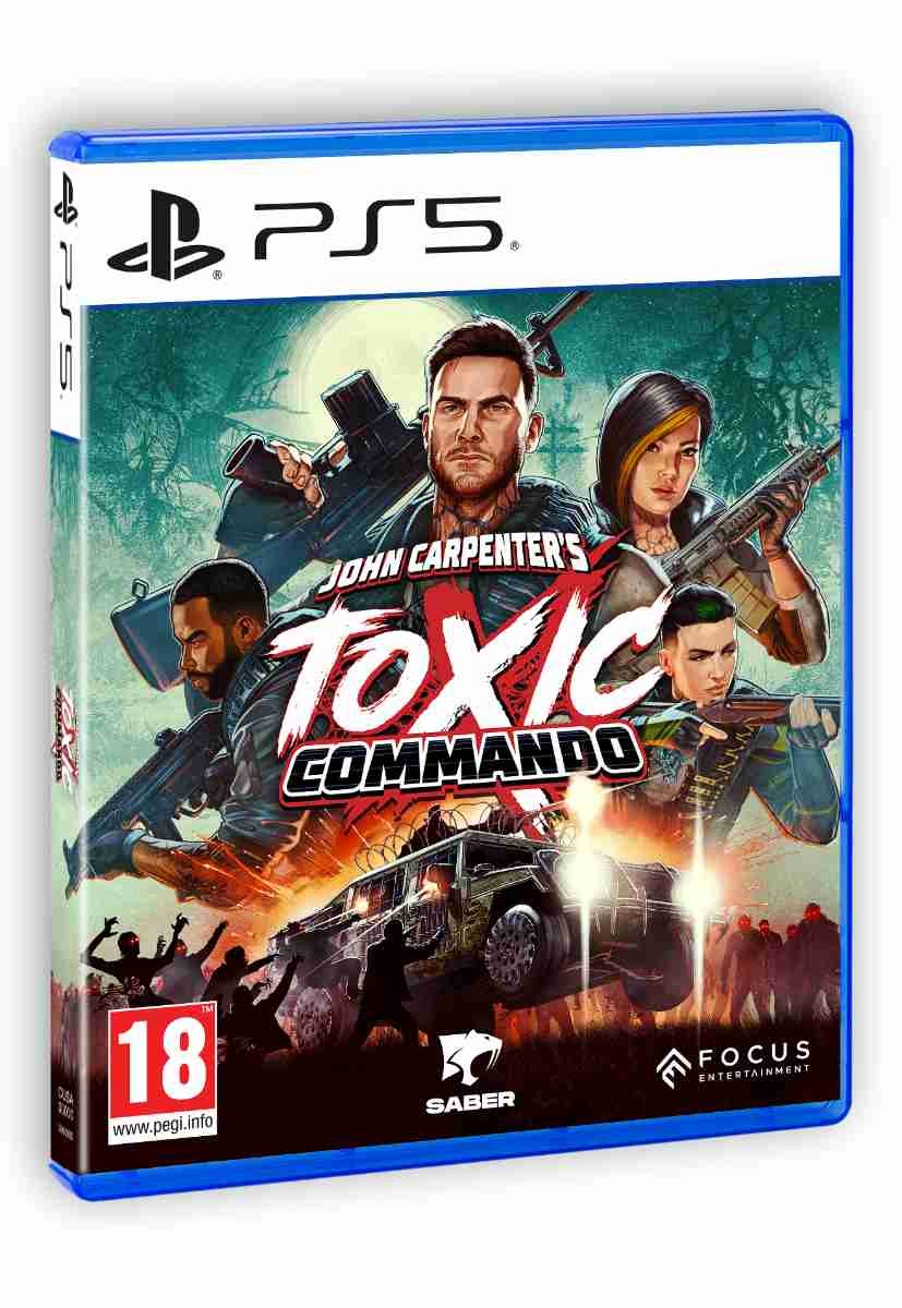 John Carpenter’s Toxic Commando for PS5 features a vibrant blue case, showcasing dynamic artwork of characters with weapons and a vehicle, marked with an age rating of 18.