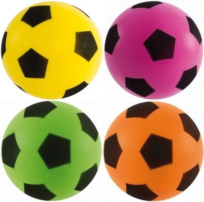 Four 20cm foam footballs in vibrant colors: yellow, pink, green, and orange, each featuring classic black pentagon patches for a sporty look.