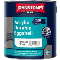 Johnstone's Trade Acrylic Durable Eggshell paint can, blue label, red logo, "Brilliant White" text, mold resistant.
