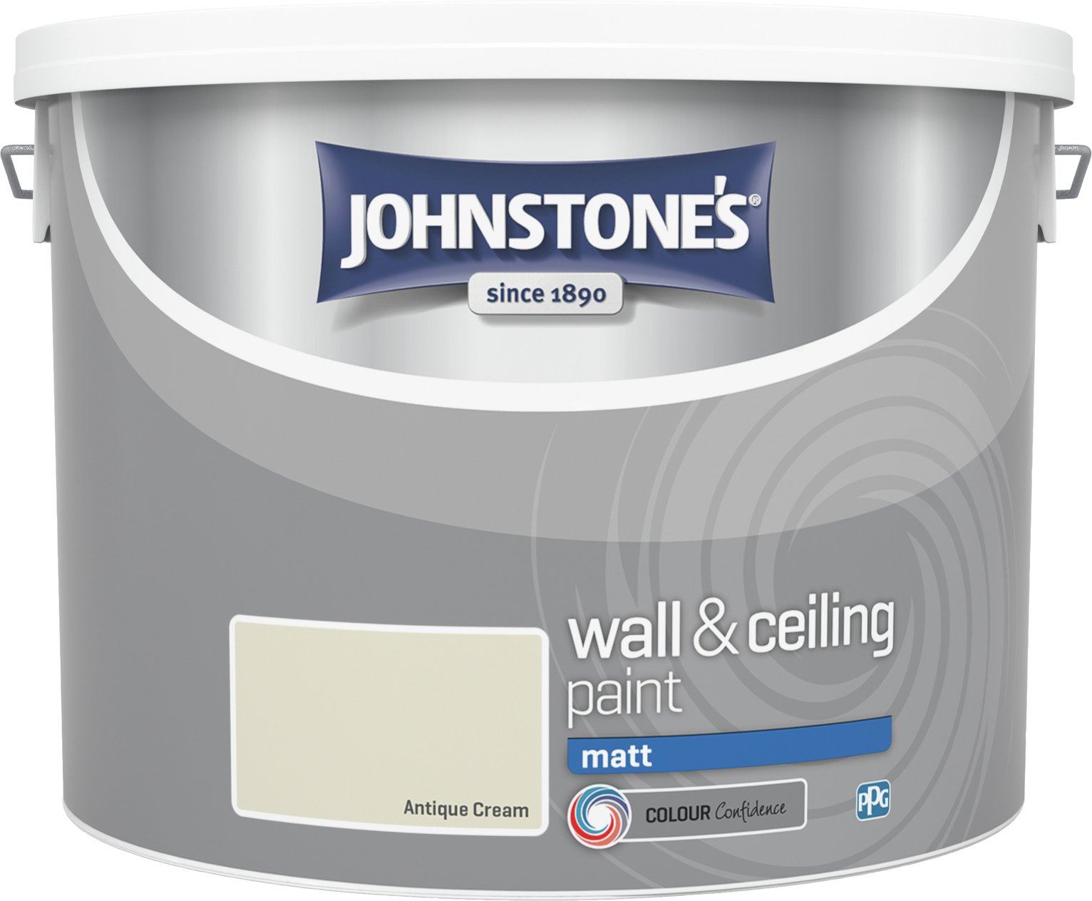 Johnstone's Wall & Ceiling Paint in a 10L metal container, featuring a matte finish in Antique Cream, with a logo and product details prominently displayed on the label.