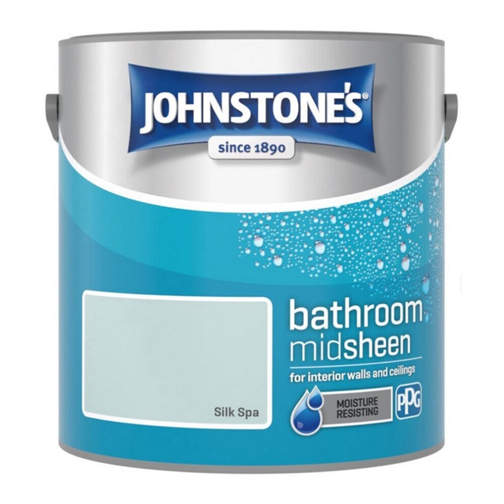 Johnstone's Bathroom Mid Sheen Wall Ceiling Emulsion Paint in 2.5l, featuring a turquoise label with moisture-resisting symbol and "Silk Spa" text, designed for interior use.