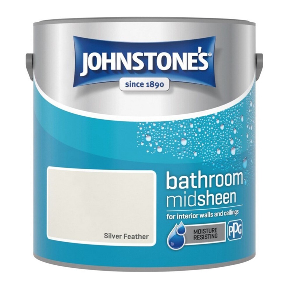 Johnstone's Bathroom Mid Sheen Wall Ceiling Emulsion Paint in a 2.5l tin, featuring a silver feather color, moisture-resistant label, and a light blue design on the can.