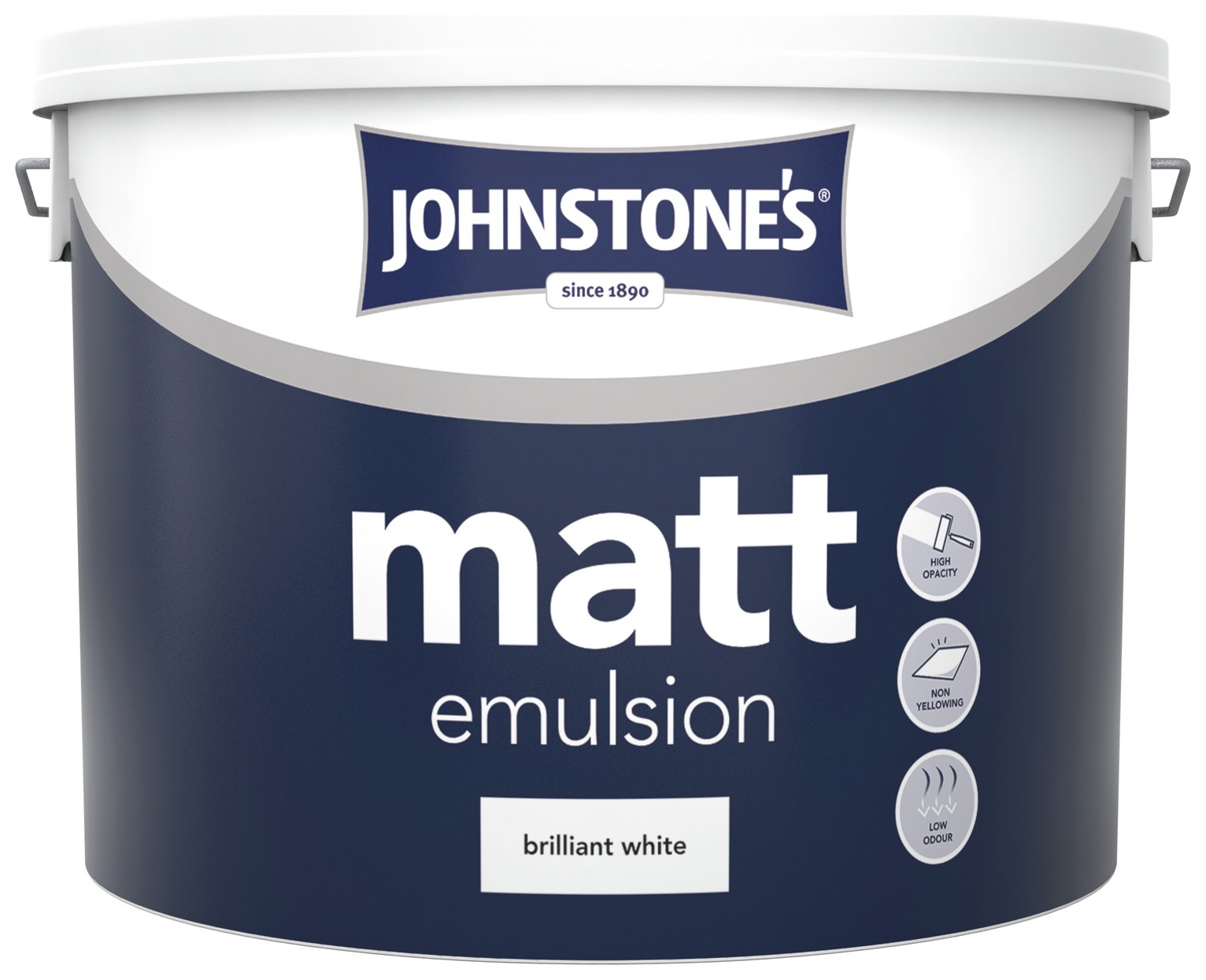 White 10L paint bucket labeled "Johnstone's Matt Emulsion Brilliant White," featuring a blue and white design with icons for low odour and high opacity.