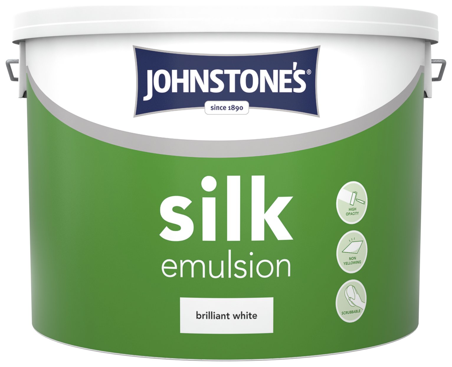 Johnstone's Silk emulsion paint in a 10L white tub with a green label, featuring the brand name, product type, and icons for washability and coverage.