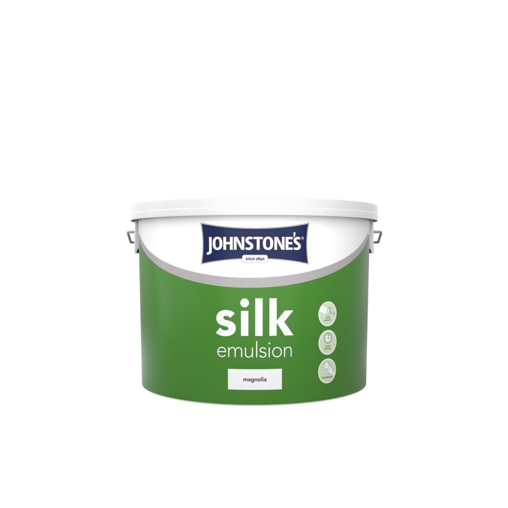 White bucket of Johnstone's Silk emulsion paint in Magnolia, featuring a green label with the product name and icons for application and finish.