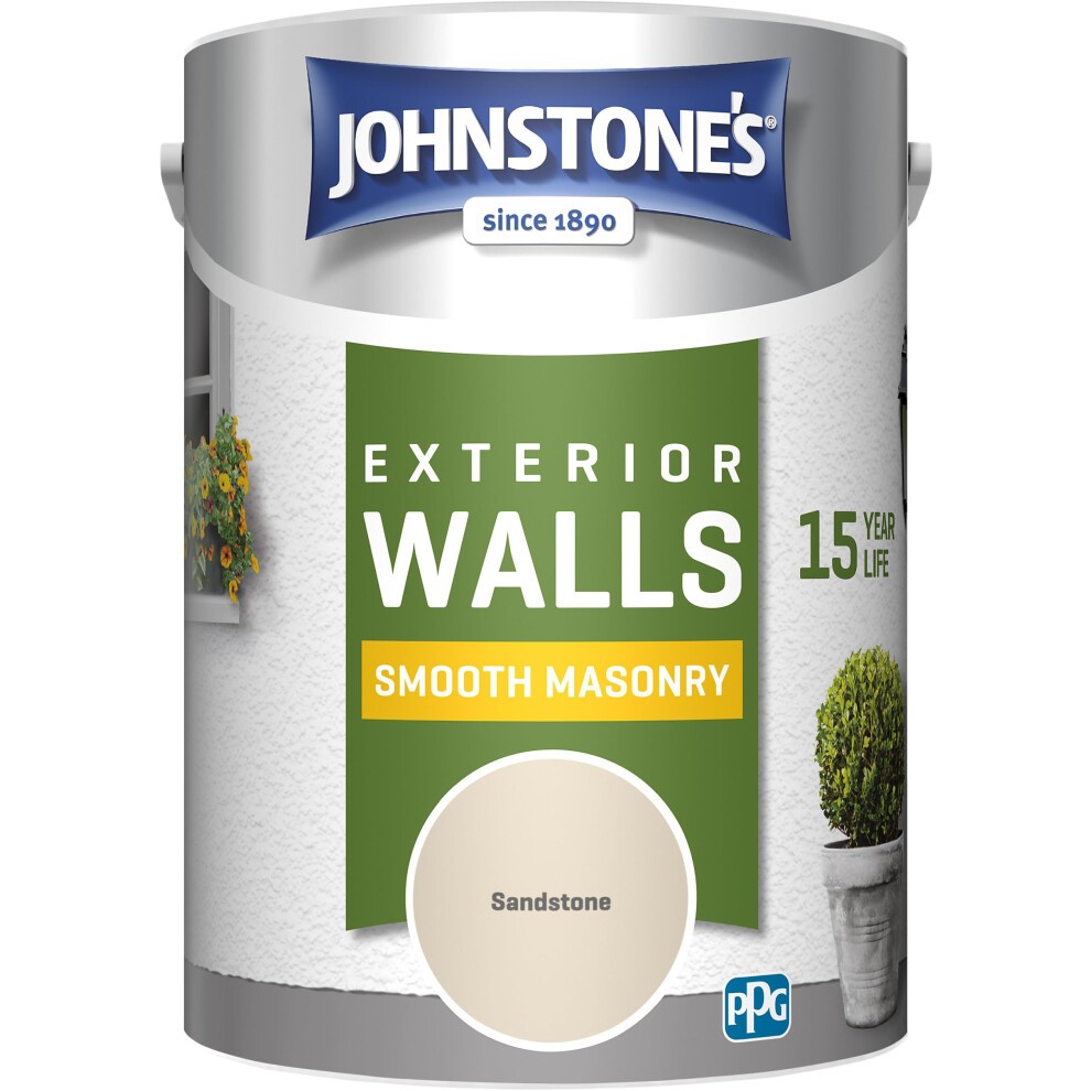 Johnstone's Exterior Smooth Masonry Paint in Sandstone color, featuring a 15-year protection label, weather and dirt resistance, with a coverage of 60m² per tin.
