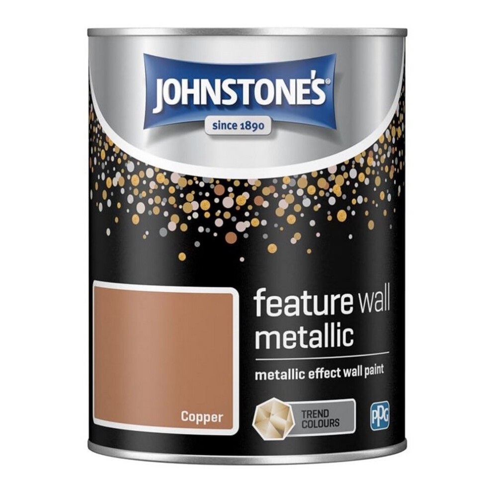 Johnstone's Feature Wall Metallic Effect Wall Paint in a 1.25l can, featuring a copper color swatch and a black background with gold speckles.