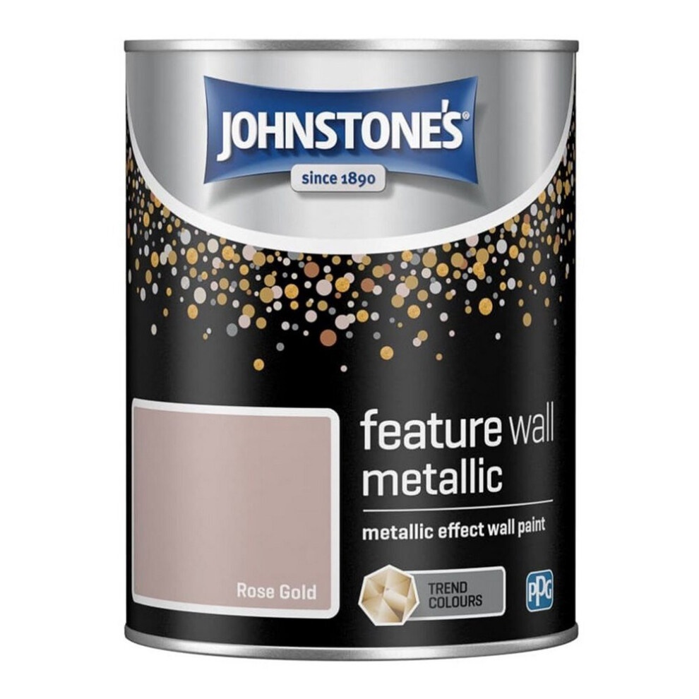 Johnstone's Feature Wall Metallic Effect Wall Paint in a 1.25l can, featuring a rose gold color with a sleek metallic finish and decorative dots on the label.