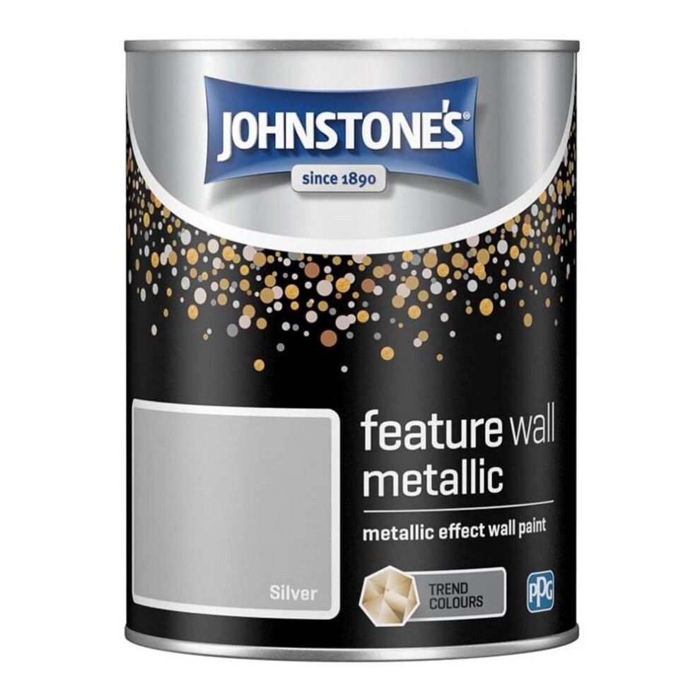Johnstone's Feature Wall Metallic Effect Wall Paint in a 1.25l can, featuring a silver color with a sleek design and decorative gold and white dots on a black background.