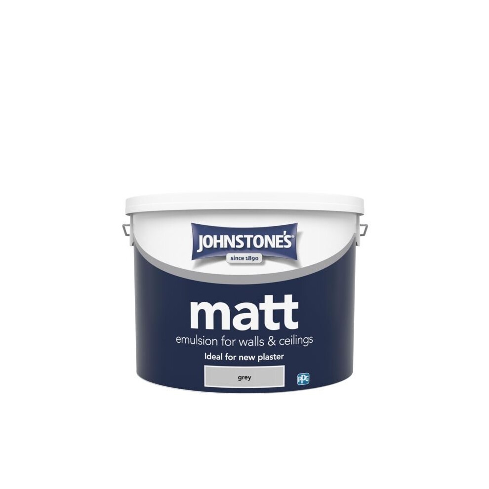 White plastic bucket of Johnstone's Wall & Ceiling Matt paint, 10L, featuring a navy blue label with "matt" and "grey" prominently displayed.