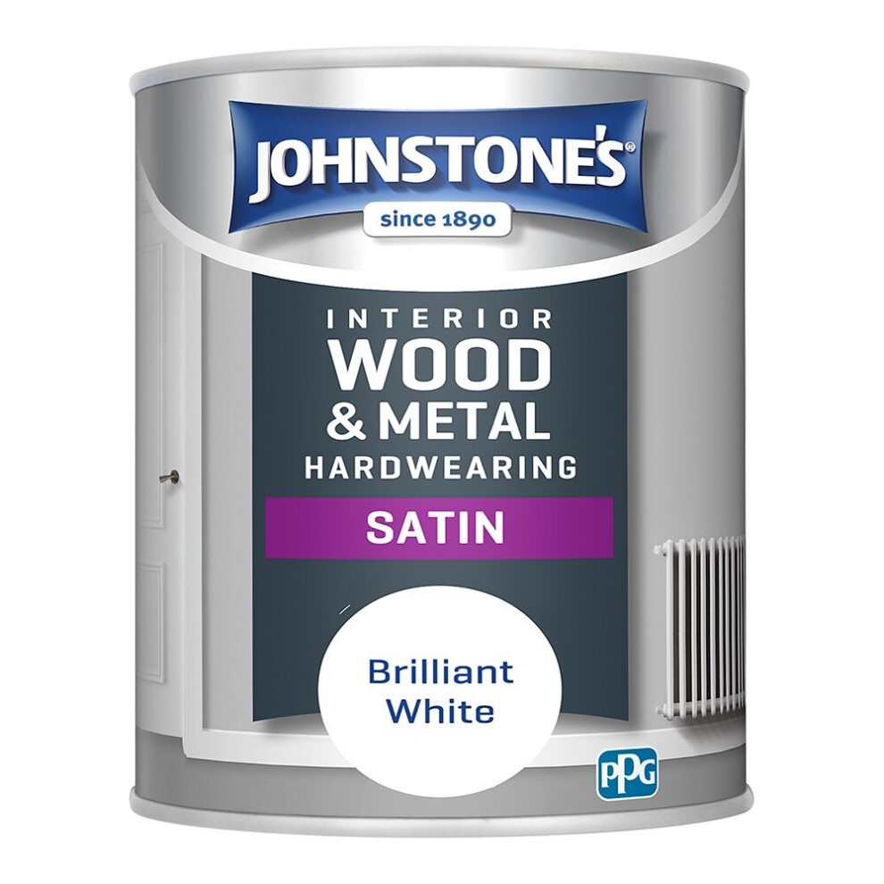 Brilliant White satin paint in a 750ml can, labeled "Johnstone's Interior Wood & Metal Hardwearing Satin," featuring a purple band and the brand logo at the top.