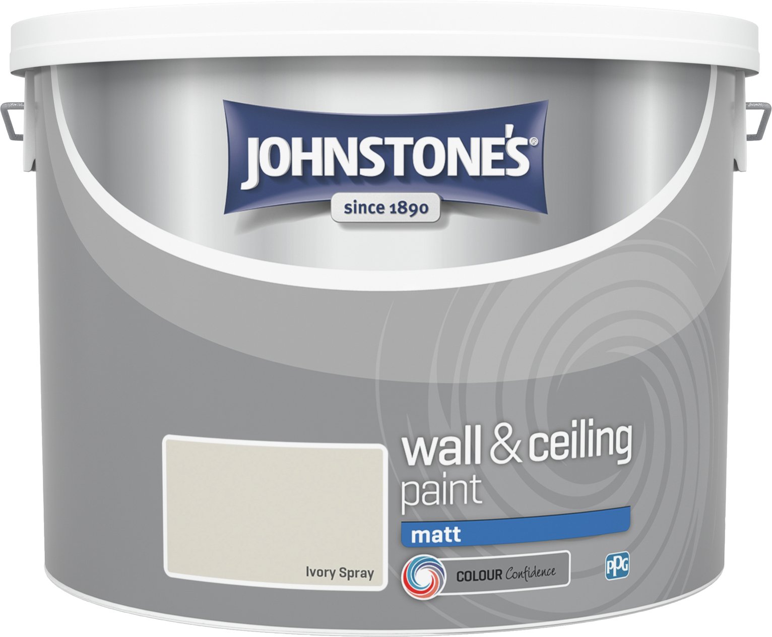 Johnstone's 10L Wall & Ceiling Paint in Matt finish, featuring an ivory spray color, with a prominent blue label and swirl design on a silver bucket.
