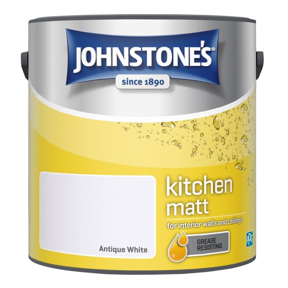 Johnstone's Kitchen Matt Wall Ceiling Emulsion Paint in Antique White, 2.5l tin with a glossy label featuring a yellow stripe and grease-resistant symbol.