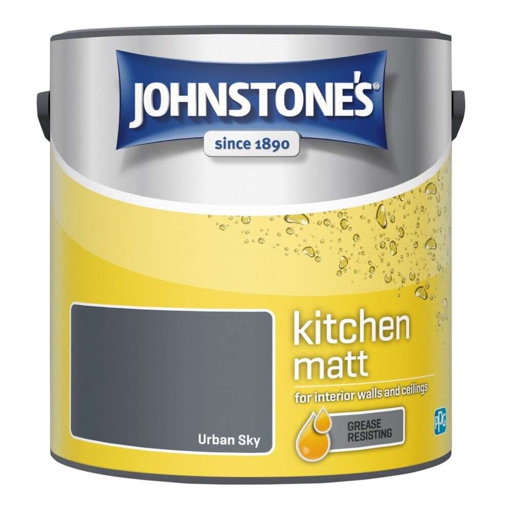 Johnstone's Kitchen Matt Wall Ceiling Emulsion Paint in a 2.5l container, featuring a gray label and yellow base, labeled "Urban Sky" with grease-resisting properties.