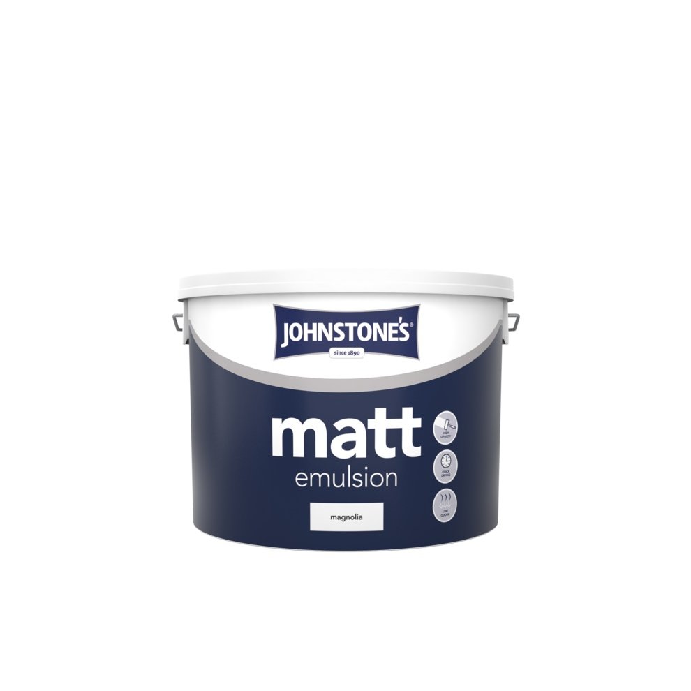 10L tub of Johnstone's MAGNOLIA Matt Emulsion Paint featuring a navy blue label, white lid, and text indicating it's suitable for walls and ceilings.