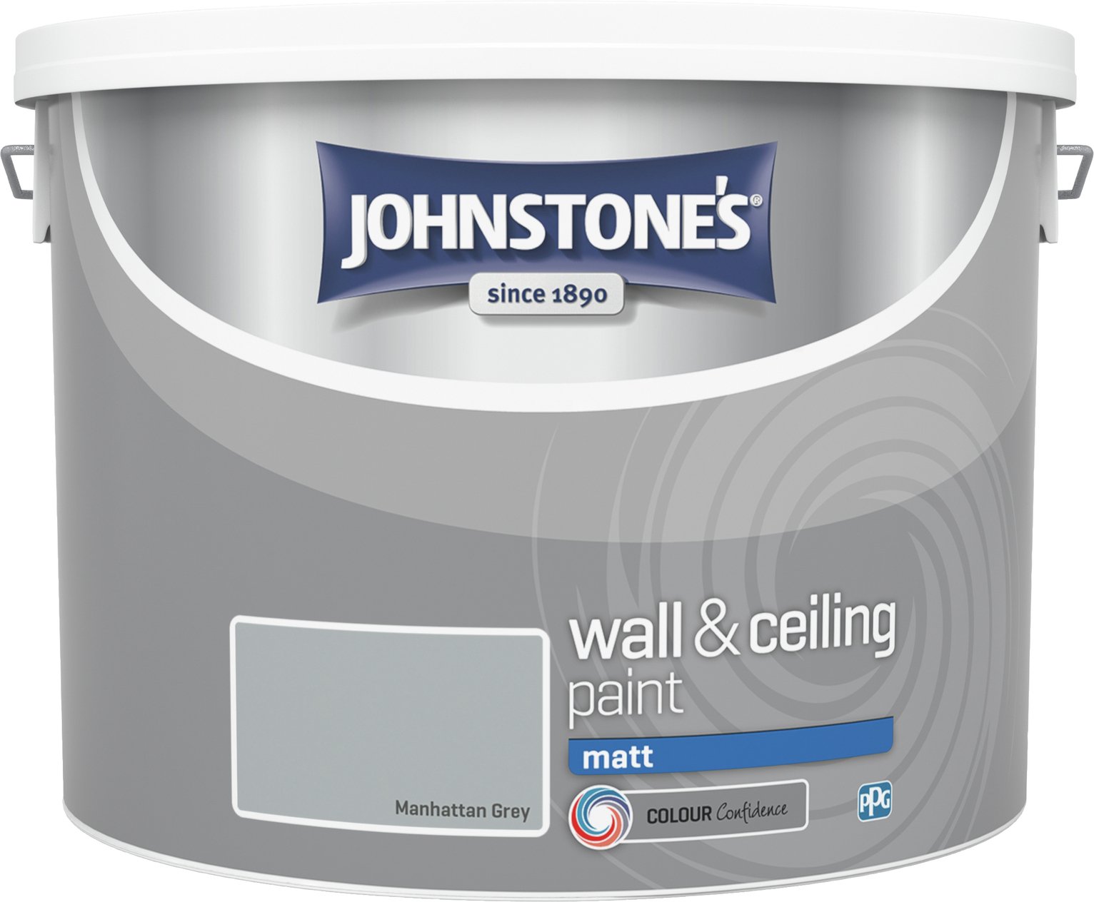 Johnstone's Wall & Ceiling Paint in Matt finish, 10L, featuring a grey container labeled "Manhattan Grey" with a swirl design and a prominent logo at the top.