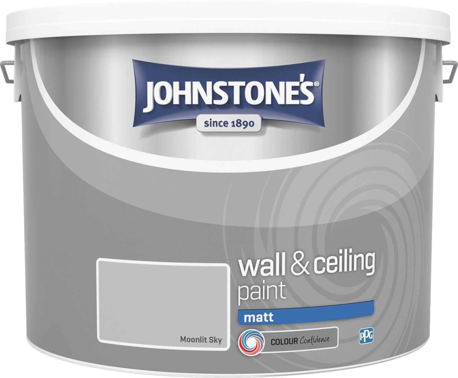 Johnstone's Wall & Ceiling Paint in a 10L container, featuring a matte finish, labeled "Moonlit Sky," with a grey and white design and the brand logo prominently displayed.