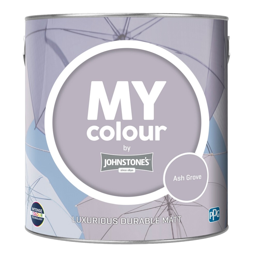 Round paint can featuring the label "MY Colour" by Johnstone's, in a soft ash green shade, with a matte finish and a 2.5l capacity.