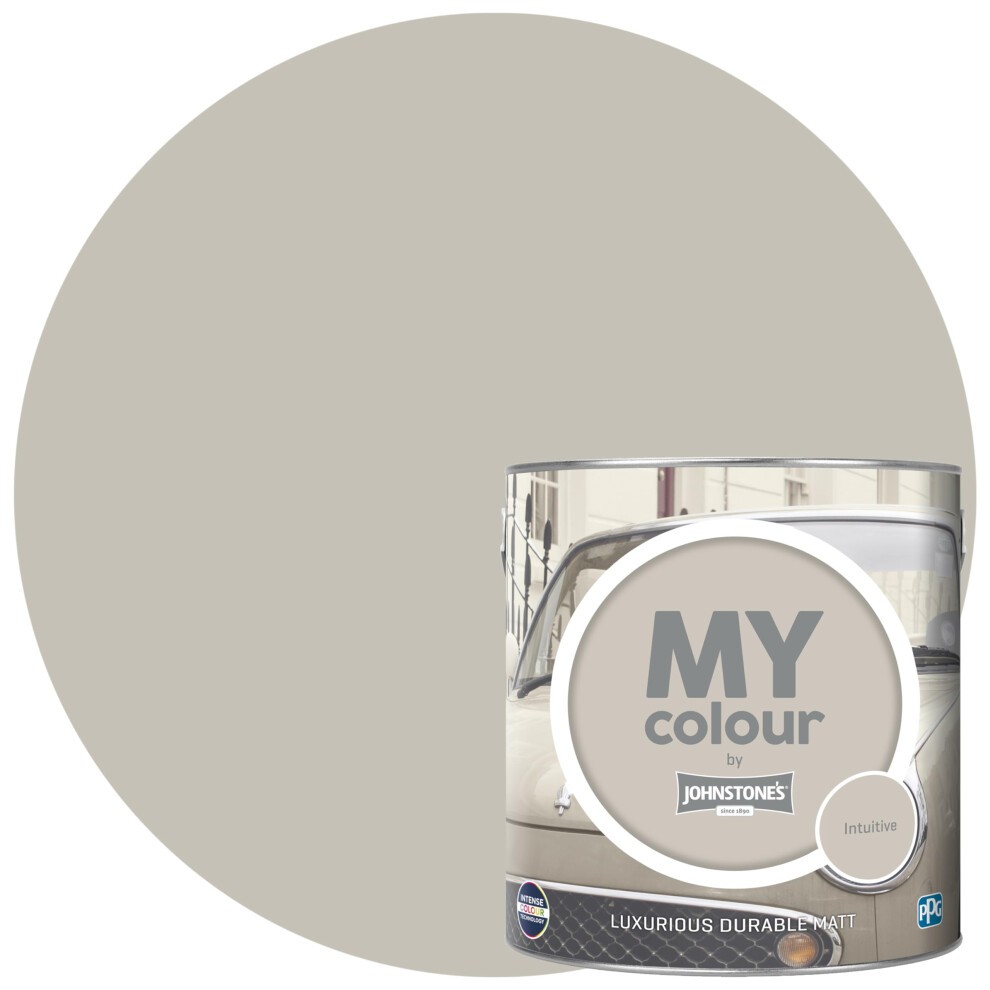 Light beige paint canister labeled "MY Colour by Johnstone's," featuring "Luxurious Durable Matt" and "Colour Intense Technology," with a circular color swatch in the background.