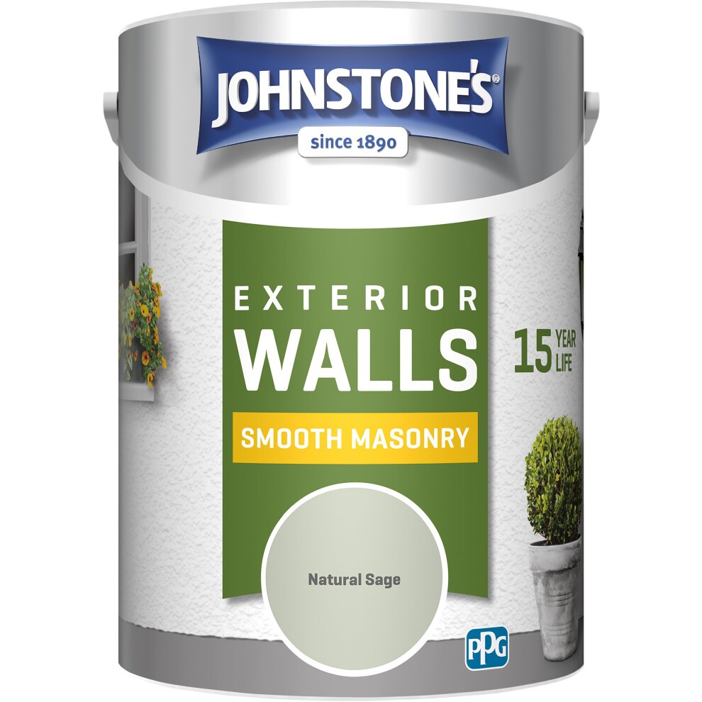 Johnstone's Exterior Smooth Masonry Paint in Natural Sage, featuring a green label, highlights "15 Year Life" and "Smooth Masonry" on a white paint can.
