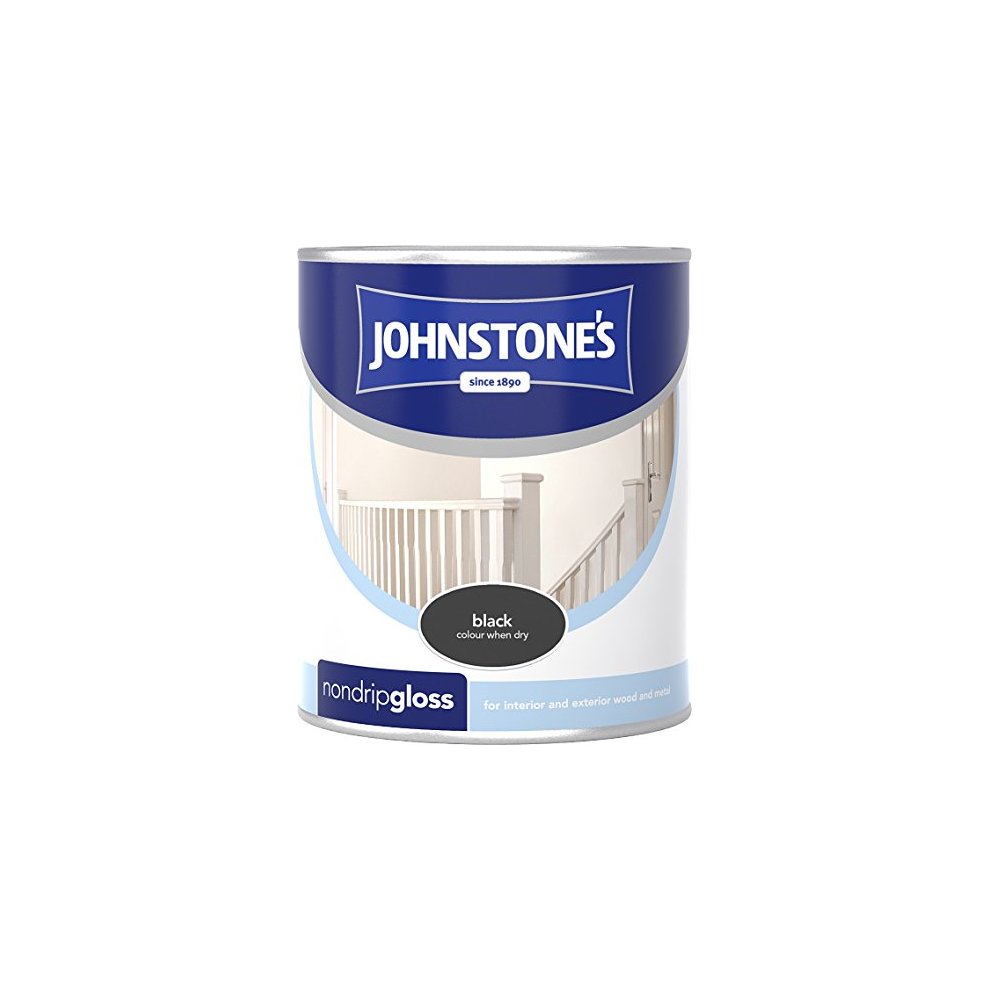 Black 750ml can of Johnstone's Non-Drip Gloss Paint featuring a label with the brand name, product type, and usage instructions for interior and exterior wood and metal.