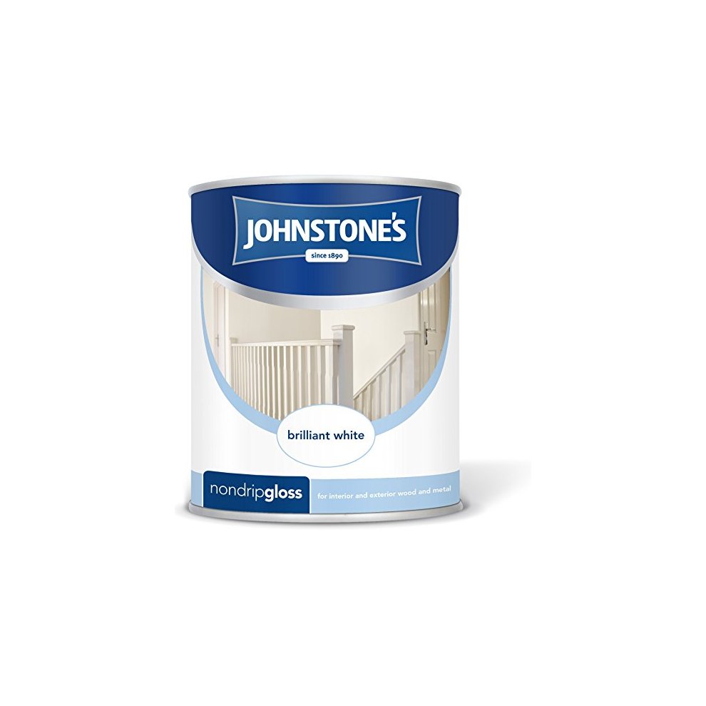 Johnstone's Non Drop Gloss Paint in 750ml, featuring a white can with a blue label, labeled "brilliant white" and suitable for interior and exterior use.