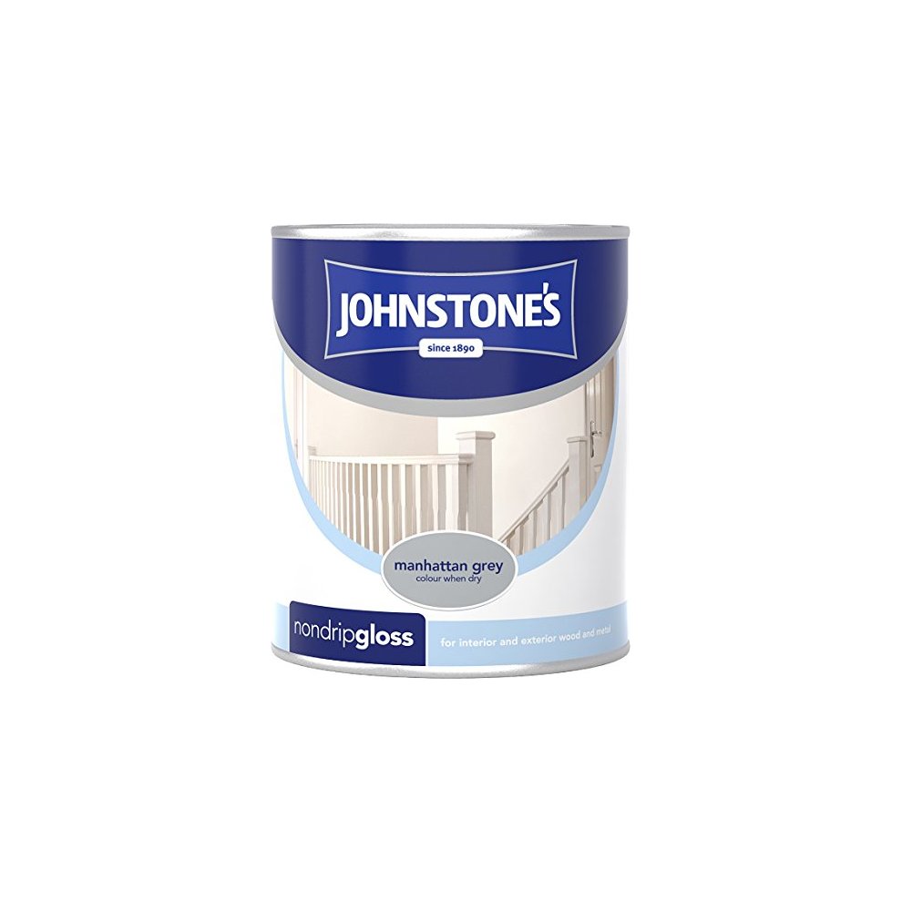 Johnstone's Non-Drip Gloss Paint in Manhattan Grey, 750ml can with a blue label featuring a white staircase and the brand name prominently displayed.