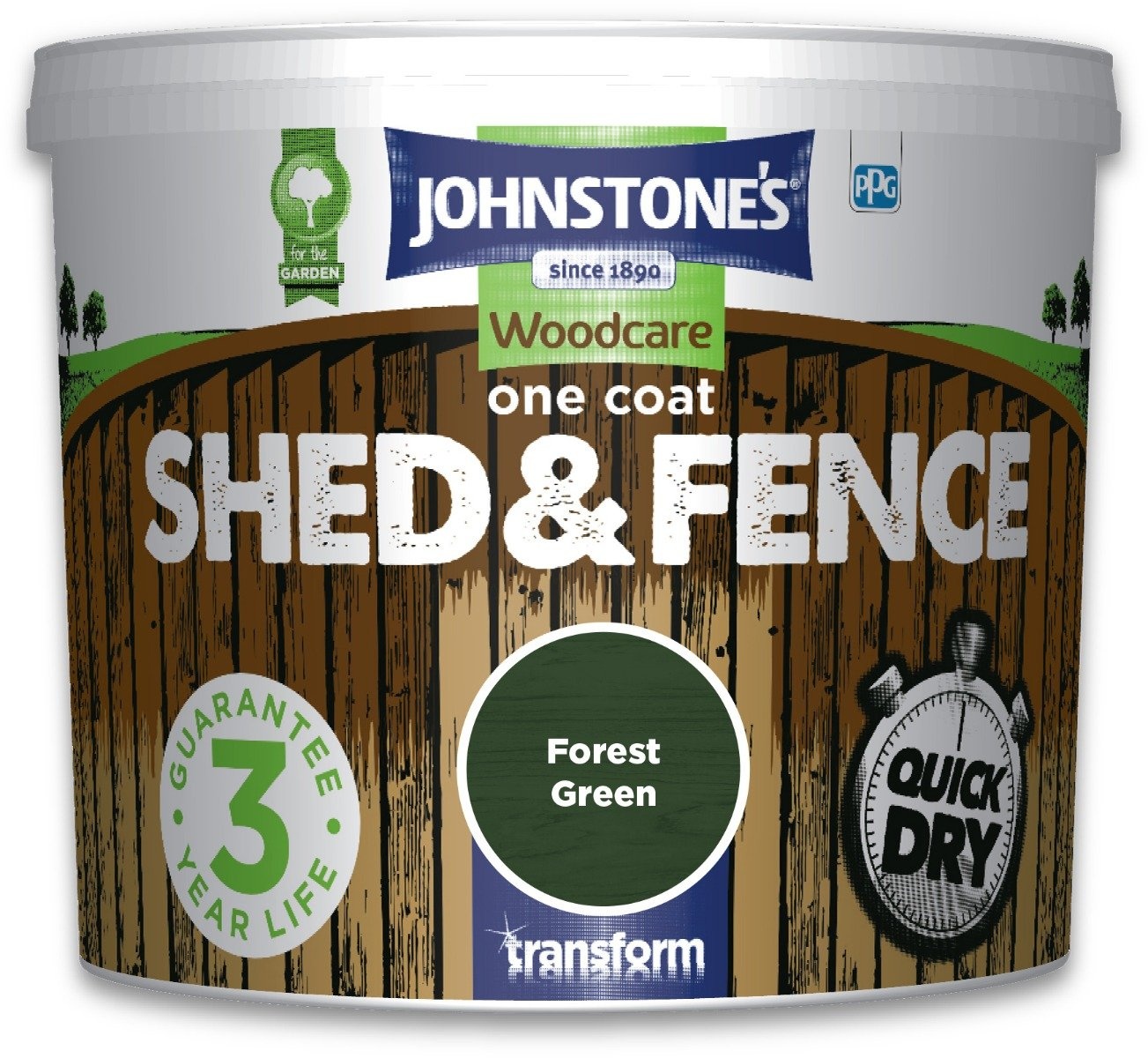 Dark oak woodcare paint in a 5L container, featuring a green label with "Johnstone's Woodcare" and "One Coat Shed & Fence," highlighting quick-dry and 3-year life guarantees.