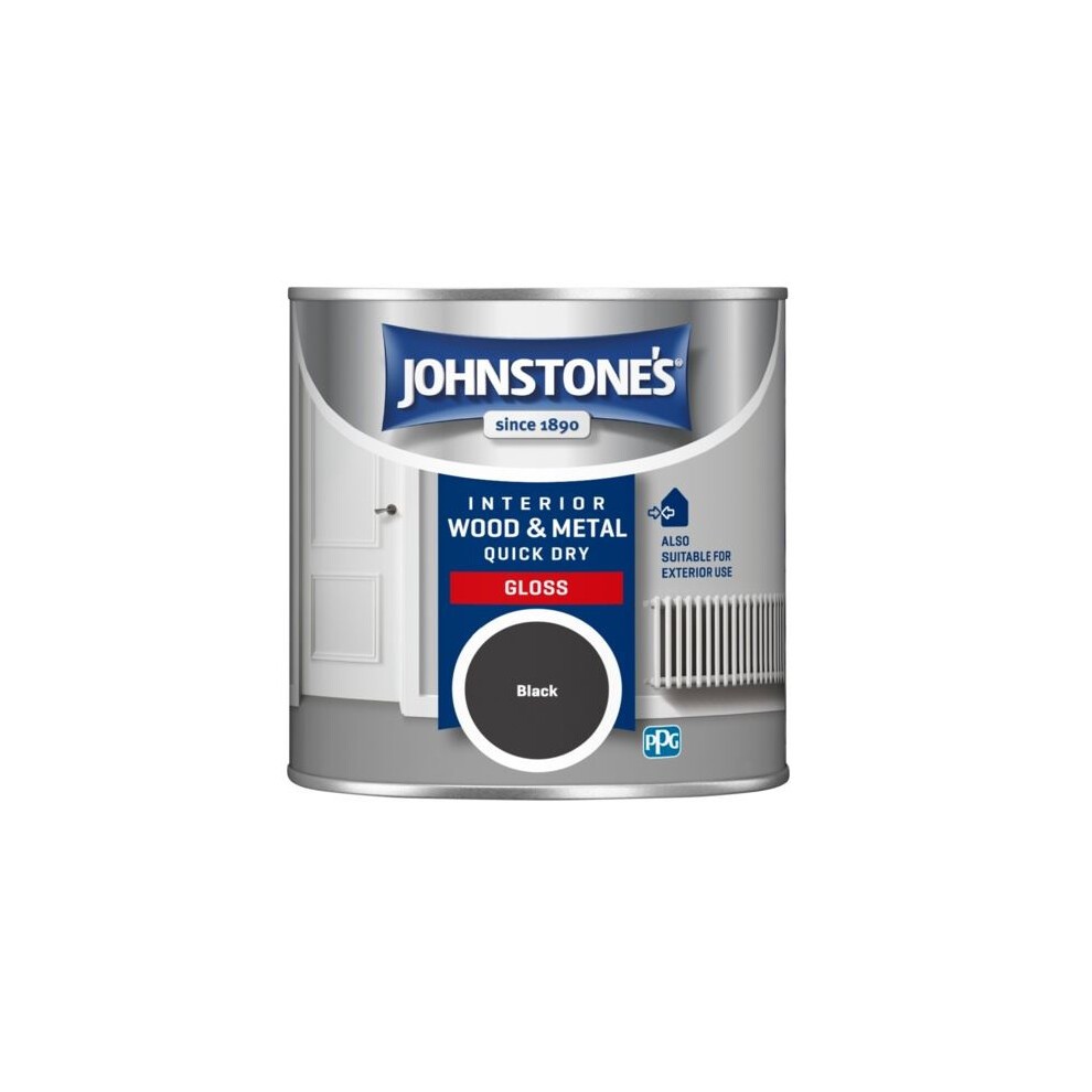 Black 250ml tin of Johnstone's Quick Dry Gloss paint, labeled for interior wood and metal use, featuring a silver metallic finish with clear product details and branding.