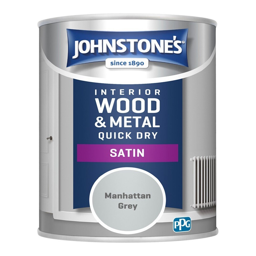 Johnstone's 750ml can of Interior Wood & Metal Quick Dry Satin Paint in Manhattan Grey, featuring a sleek design with a purple label and a silver background.