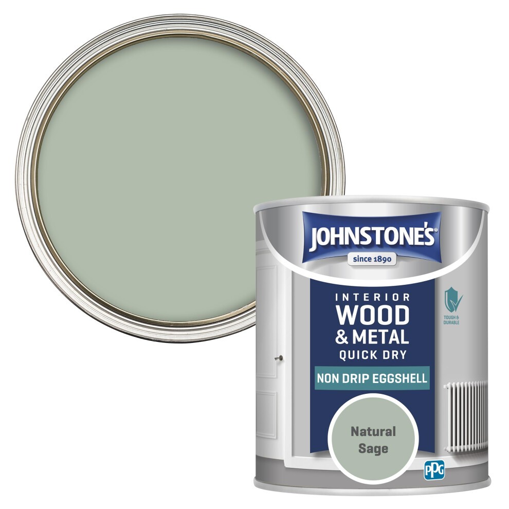 Round tin of Johnstone's Interior Wood and Metal Paint in Natural Sage, 750 ml, featuring an eggshell finish and non-drip water-based formula, with a light green color swatch above.