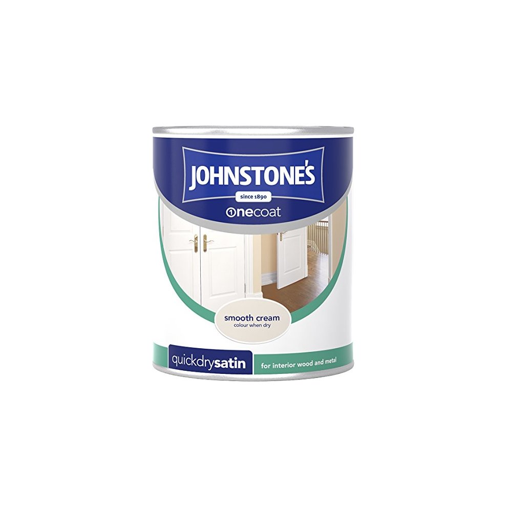 Johnstone's One Coat Quick Dry Satin Paint in Smooth Cream, featuring a sleek metal can with a blue and white label, ideal for interior wood and metal surfaces.