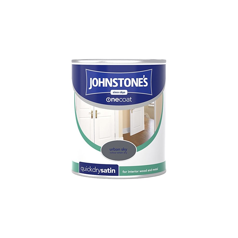 Johnstone's One Coat Quick Dry Satin Paint in "Urban Sky," featuring a sleek metal can with a white and teal label, designed for interior wood and metal surfaces.