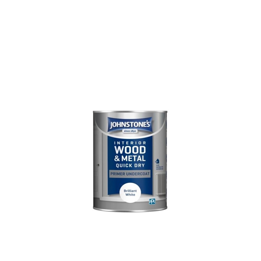 Brilliant white 1.25l can of Quick Dry Primer Undercoat by Johnstone's, featuring a silver metallic finish with blue and white branding, designed for interior wood and metal surfaces.