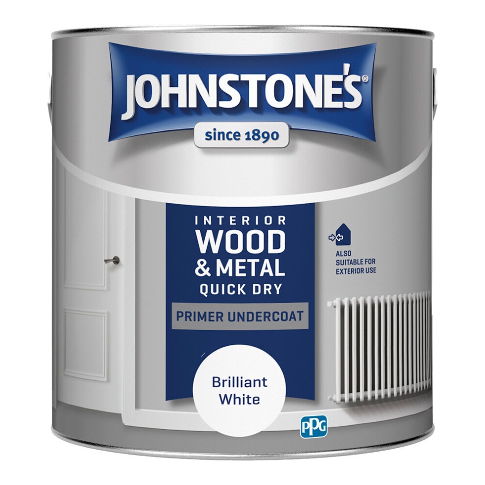 Johnstone's 2.5l can of Interior Wood & Metal Quick Dry Primer Undercoat Paint in Brilliant White, featuring a sleek design and clear labeling on a metallic finish.