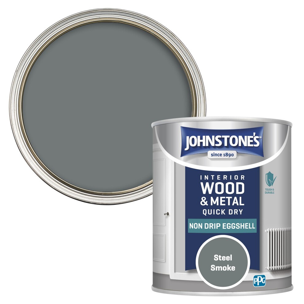 Steel Smoke eggshell finish paint in a 750 ml can, featuring a non-drip water-based formula, with a circular paint swatch showing a muted gray color.