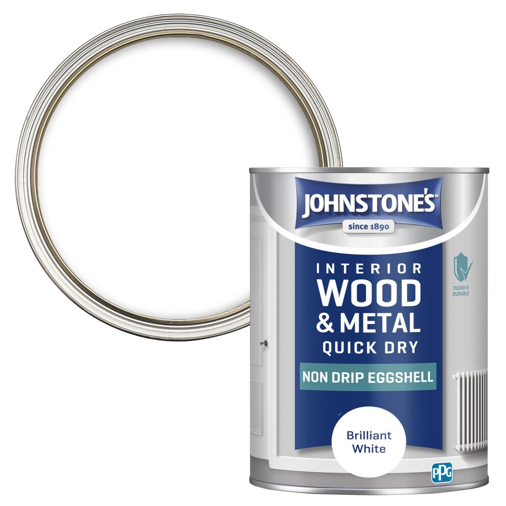 Brilliant white eggshell finish paint in a 1.25 L metal can, labeled "Johnstone's Interior Wood and Metal Quick Dry," with a circular lid visible above.