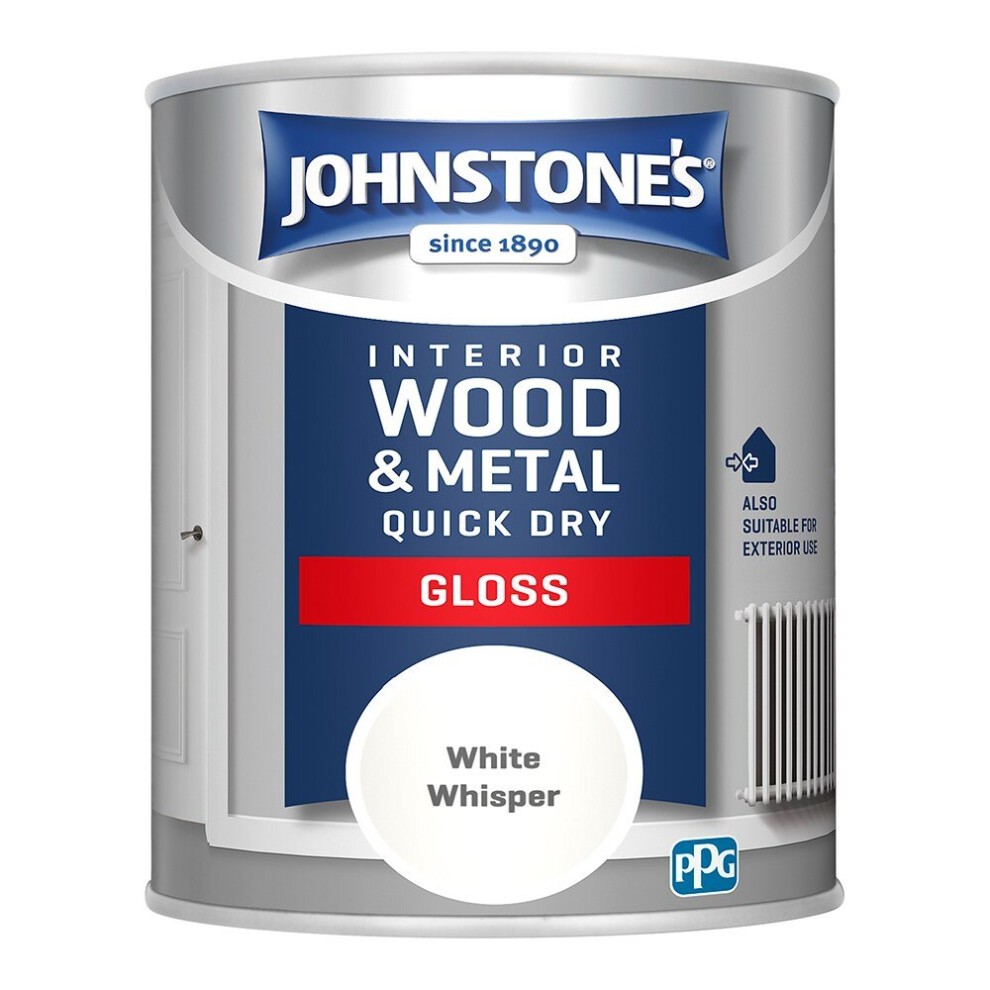Johnstone's Interior Wood & Metal Quick Dry Gloss Paint in 750ml, featuring a white whisper color, suitable for interior and exterior use, with a glossy finish.
