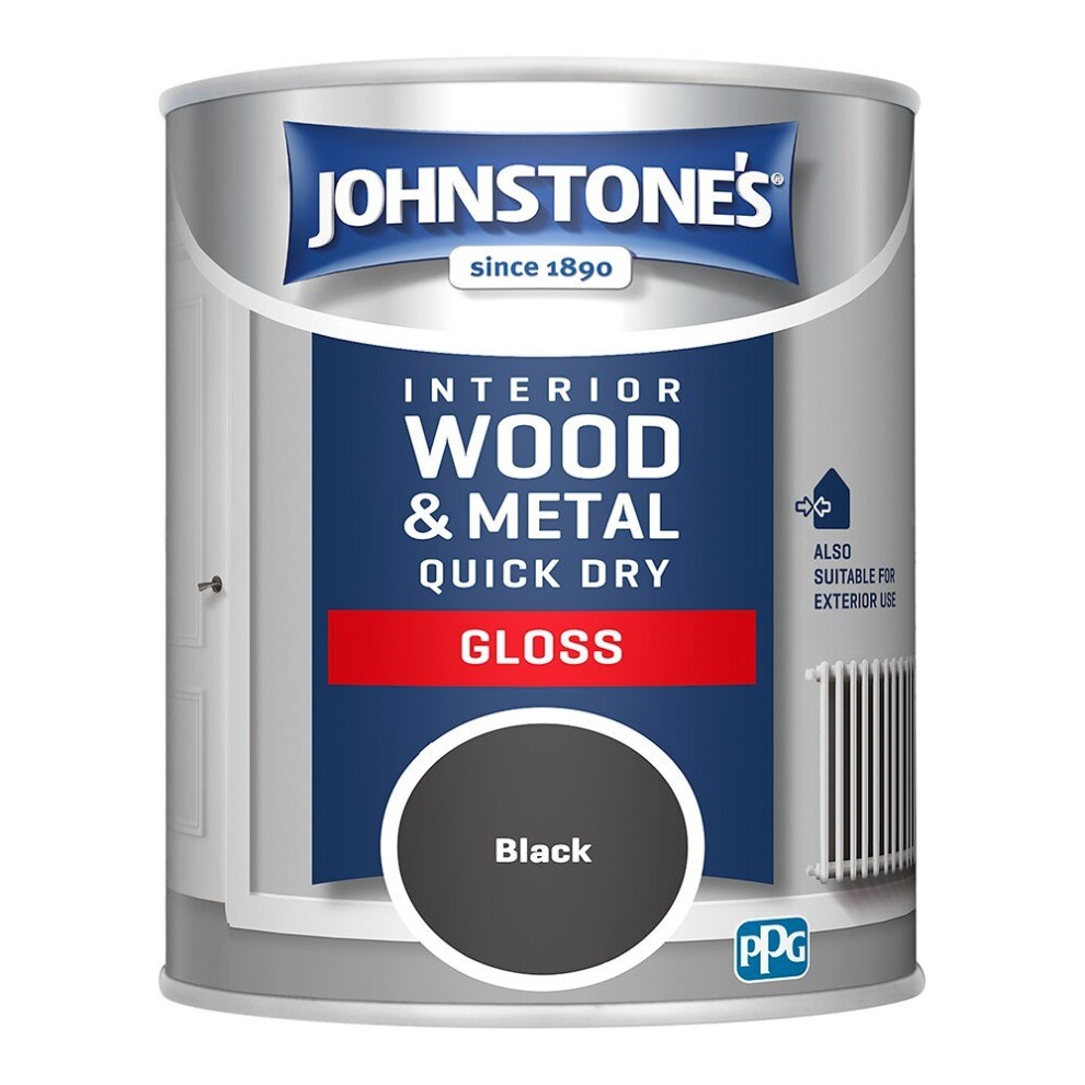 Johnstone's Interior Wood & Metal Quick Dry Gloss Paint in a 750ml can, featuring a black color label and a glossy finish, suitable for both interior and exterior use.