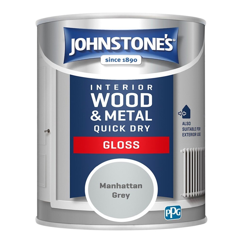 Johnstone's 750ml can of Interior Wood & Metal Quick Dry Gloss Paint in Manhattan Grey, featuring a sleek design and glossy finish for interior use.