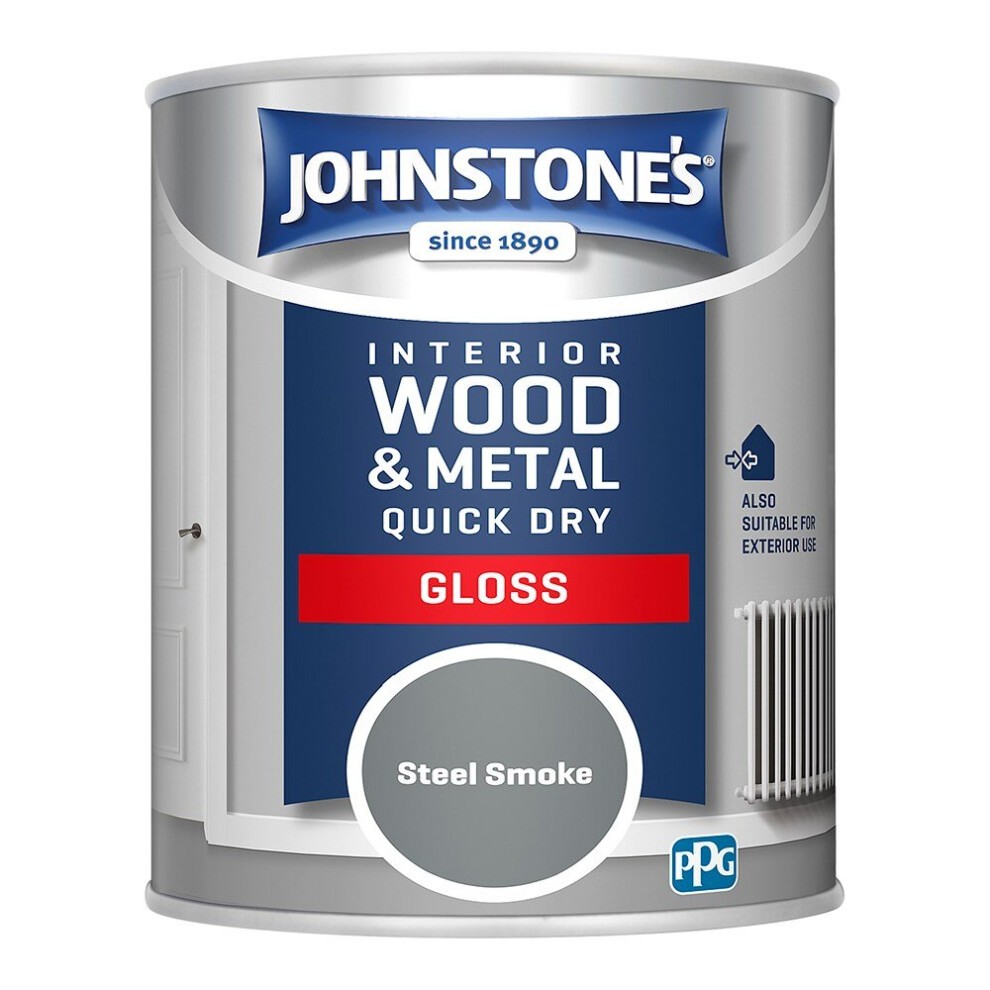 Johnstone's Interior Wood & Metal Quick Dry Gloss Paint in a 750ml can, featuring a sleek design with a blue label and the color name "Steel Smoke" prominently displayed.