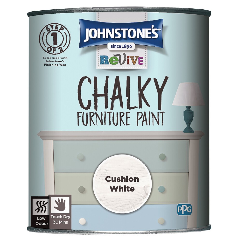 Cylindrical tin of Johnstone's 386500 Revive Chalky Furniture Paint in Cushion White, featuring low odour and touch dry in 30 minutes, with a light blue background and a lamp graphic.
