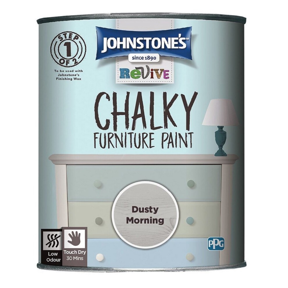 Johnstone's Revive Chalky Furniture Paint in a 750ml can, featuring a soft pastel blue label with the text "Dusty Morning" and a graphic of a dresser and lamp.